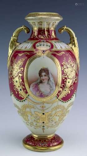 Japanese Nippon Moriage Enamel Gilt Portrait Vase