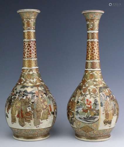 Pair Meiji Japanese Character Marked Satsuma Vases