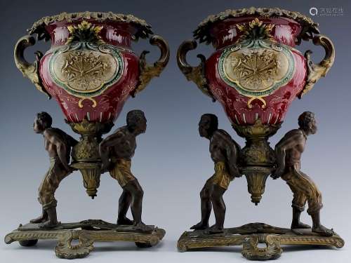 Pair Old Bronze Mounted Porcelain Blackamoor Vases