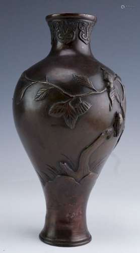 Japanese Meiji Period Bird on Branch Bronze Vase