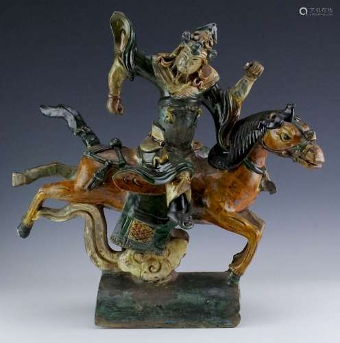 Antique Chinese Polychrome Warrior Horse Roof Tile