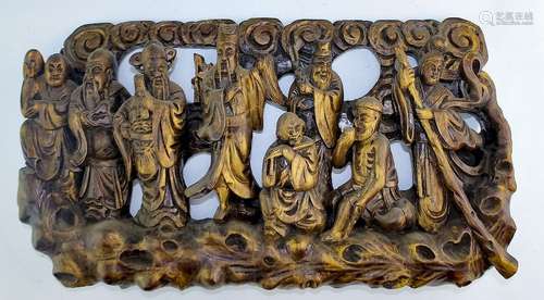 Old Chinese Carved Wood Wise Men Relief Plaque