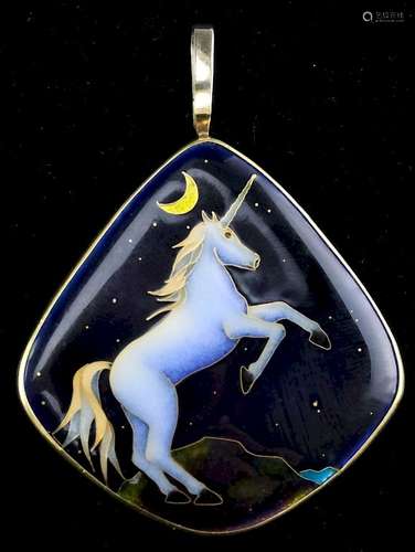 VTG Artisan Signed 20K Gold Enamel Unicorn Pendant