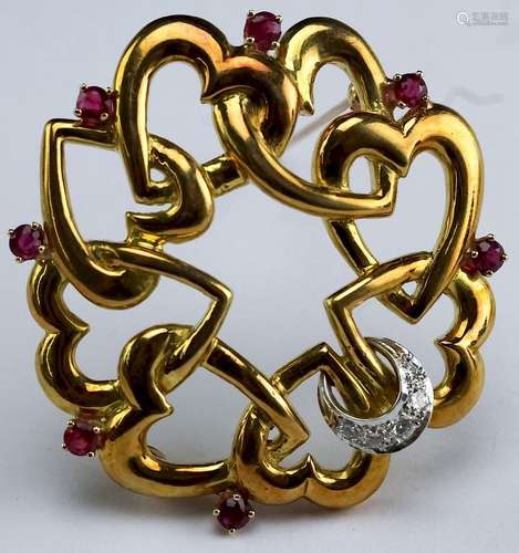 VTG Tiffany & Co 18K Gold Diamond & Ruby Brooch