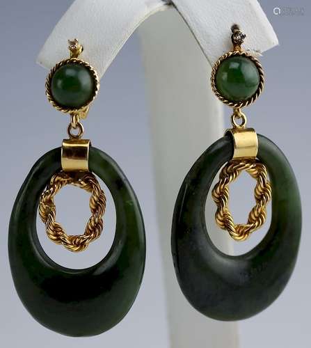 Vintage 14k Gold Green Jade & Diamond Earrings