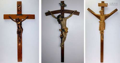 Lot Of 3 Large Wood, Plaster & Metal Crucifixes