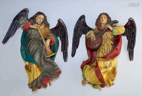 Pair Anri Italian Hand Carved Wood Hanging Angels