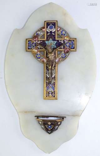 French Bronze Champleve Enamel Holy Water Font