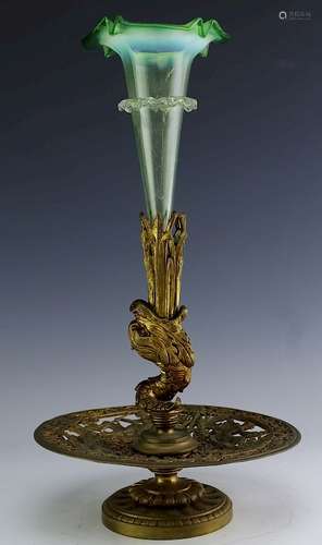 Antique French Bronze Dolphin Art Glass Epergne