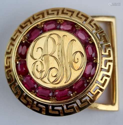 Art Deco 14K Solid Gold Ruby Greek Key Belt Buckle