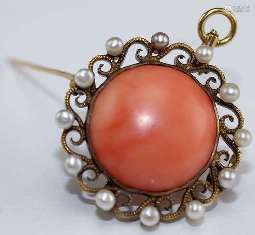 Antique Salmon Pink Coral & Seed Pearl Pendant Pin