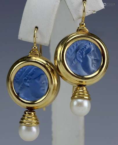 Italian 18K Blue Cameo Glass, Akoya Pearl Earrings