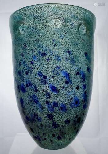 Italian Murano Gold Leaf Aqua Blue Art Glass Vase