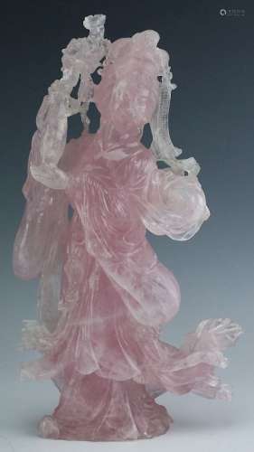 Chinese Carved Pink Rose Quartz Quan Yin Sculpture