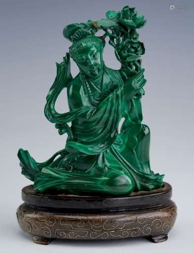 Chinese Carved Green Malachite Quan Yin Sculpture