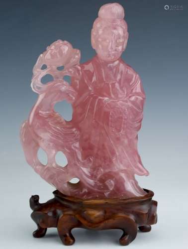 Chinese Carved Pink Rose Quartz Figural Sculpture