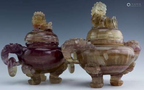 Chinese PAIR Carved Fluorite Foo Dog Lidded Jars