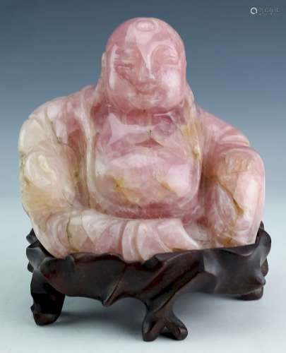 Chinese Hand Carved Pink Rose Quartz Buddha Statue