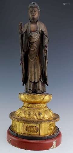 Chinese Carved Wooden Buddha Statue on Gilt Lotus