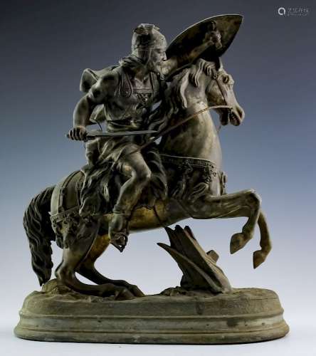 Figural Metal Viking Horseback Warrior Sculpture
