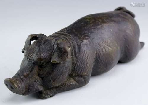 Mystery Artist Cast Bronze Reclining Pig Sculpture