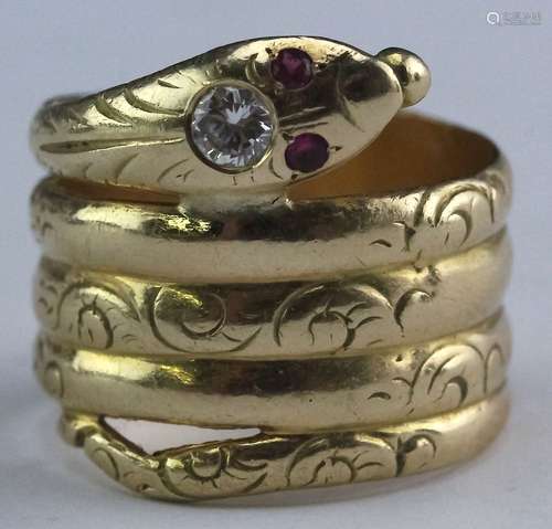 VTG 14k 5 Coiled Diamond & Ruby Snake Serpent Ring