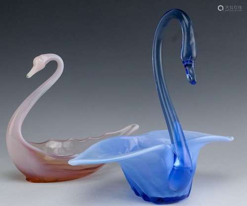 Pair Duncan Miller Pink & Blue Opaline Glass Swans