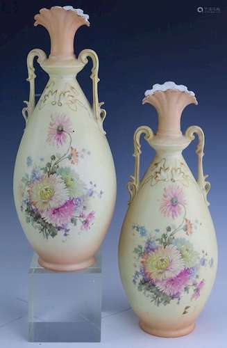 Pair Antique Floral Painted Double Handled Vases