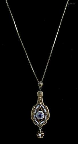 Art Deco 14K Sapphire Seed Pearl Filigree Necklace