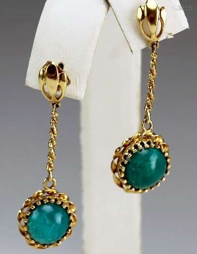 14K Gold Green Turquoise Dangle Drop Earrings VTG