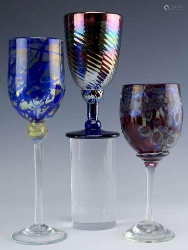 Lot of 3 Signed Studio Art Glass Wine Glasses