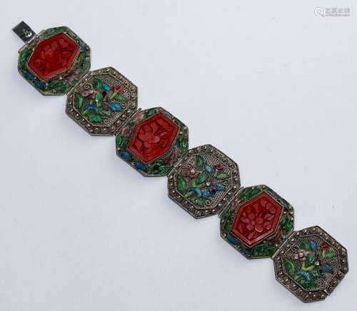 Chinese Silver Tone, Enamel & Cinnabar Bracelet