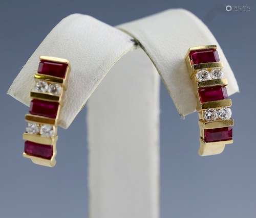 Pair 14K Gold 2.6ct TW Ruby & Diamond Earrings