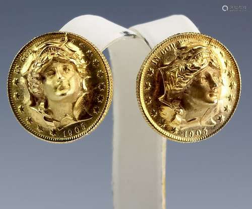 14K Solid Gold Barber Coin Style Relief Earrings