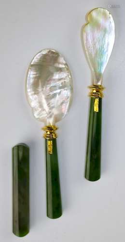Faberge Sterling Silver Jade Caviar Spoon & Knife