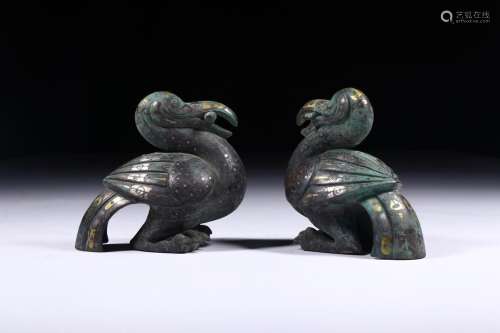 A Pair of Bronze Inlaying Gold Phoenix Birds from Westerm Han