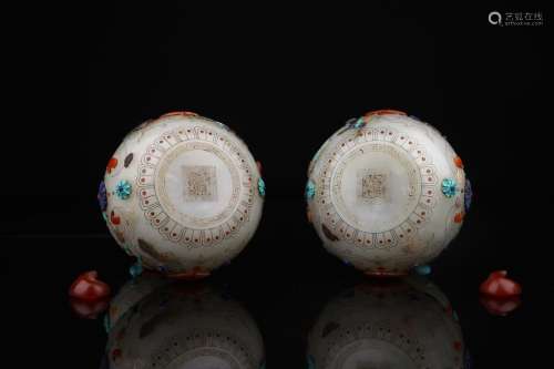 A Pair of HeTian Jade Snuff Bottle  inlay with Gems
