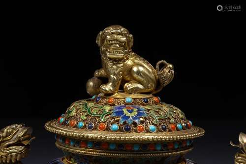 Silvering and Gold Censer with Dragon form Ears from Qing