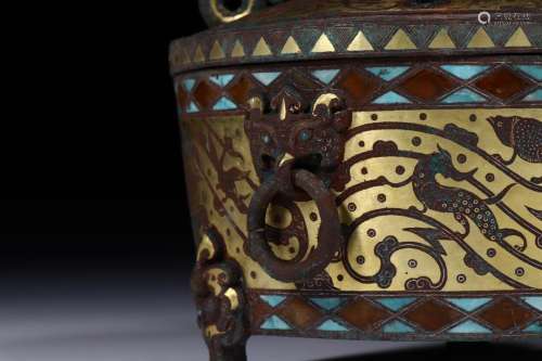 Bronze Inlaying Gold Censer with Turquoise from West Han