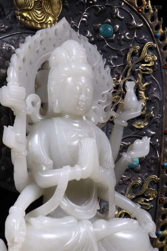 A Set of HeTian Jade Buddha Statue with the Bronze Plated Gold Bottom from Qing