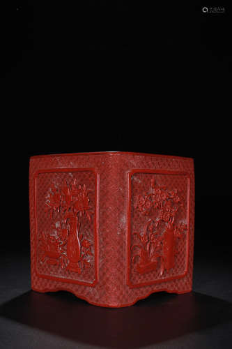 QINALONG MARK RED LACQUER PEN HOLDER