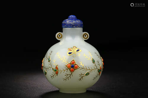 HEITAN JADE PURE GOLD SNUFF BOTTLE WITH TREASURE INLAID