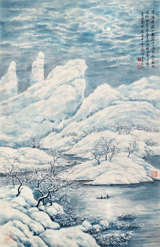 陶冷月（1895～1985） 庚申（1980）年作 雪夜归舟 镜框 设色纸本