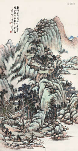 吴徵（1878～1949） 辛巳（1941）年作 溪桥数峰 镜片 设色纸本