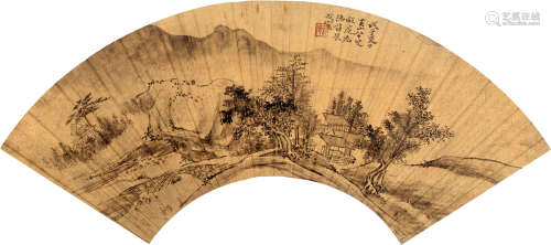 程邃（1605～1691） 戊子（1648）年作 溪桥幽居 扇面 水墨金笺