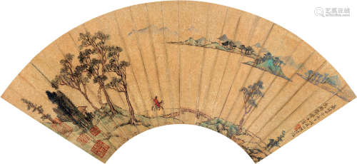 陆治（1496～1576） 甲申（1574）年作 策马图 扇面 设色金笺
