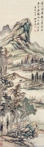 王学浩（1754～1832） 庚寅（1830）年作 溪桥山居图 立轴 设色绢本