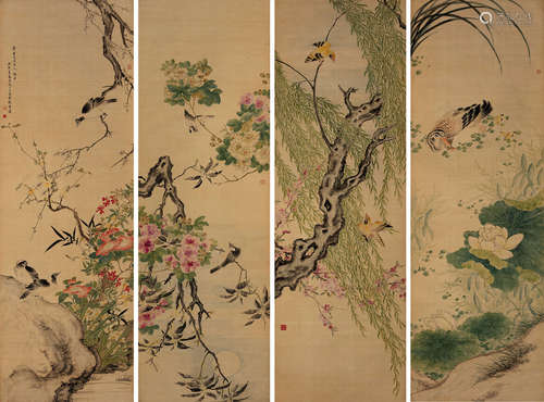 张槃（1812～1890年后） 丙寅（1846）年作 花鸟 四屏 立轴 设色绢本