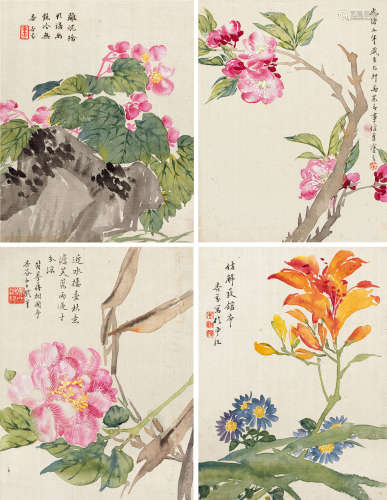 吴淑娟（1853～1930） 己卯（1879）年作 花卉册 册页 （十二开选四） 设色绫本