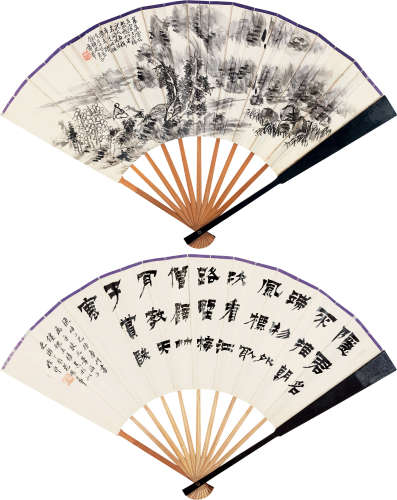 蒲华（1832～1911）徐鄂（1844～1903） 观泉图 隶书 成扇 水墨纸本